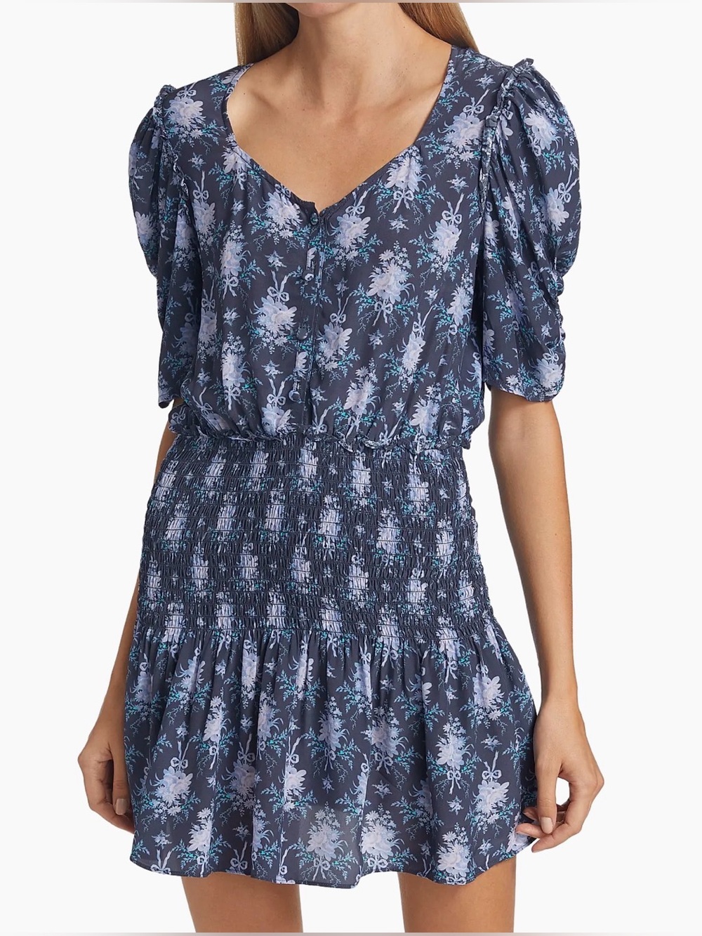LoveShackFancy Navy Floral Smocked Mini Dress - Medium